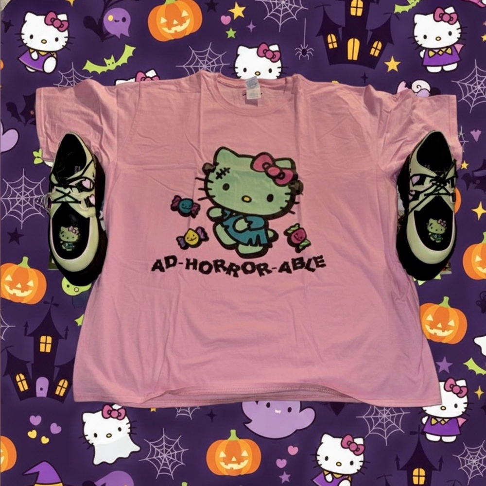 Worn 2x’s Pink Hello Kitty Halloween Frankenstein T-Shirt. 100% Cotton.